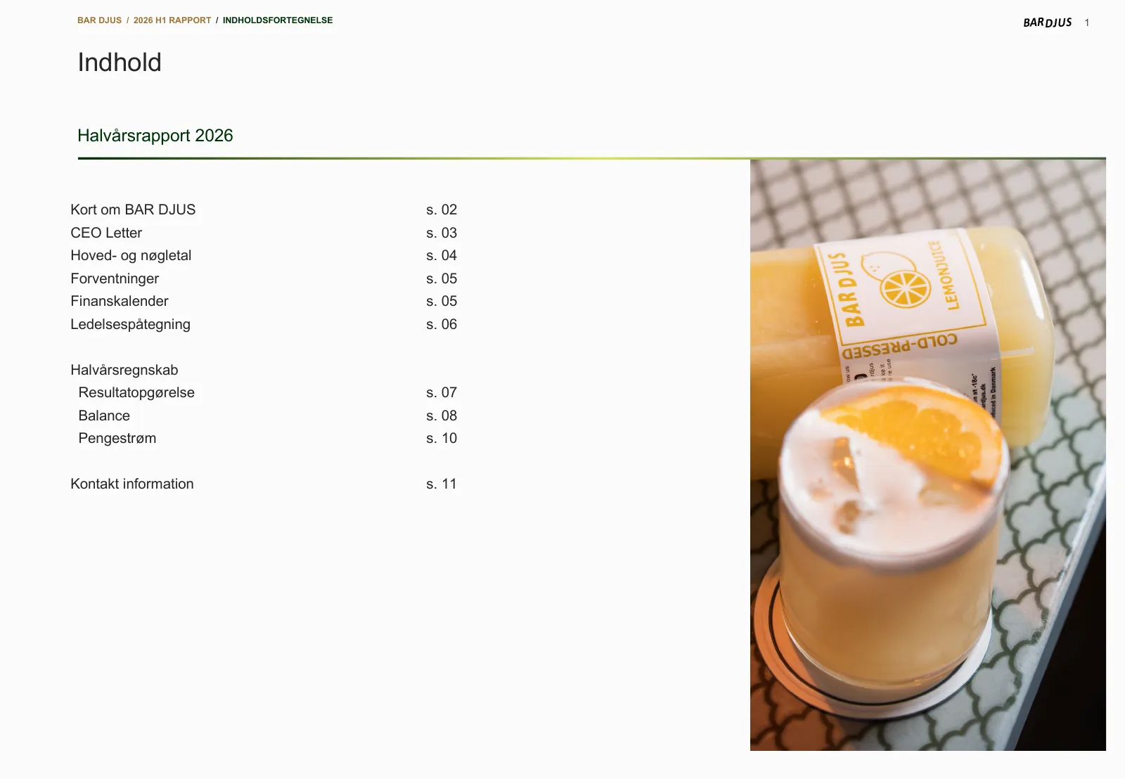 Table of contents in the Bar Djus H1 2026 report